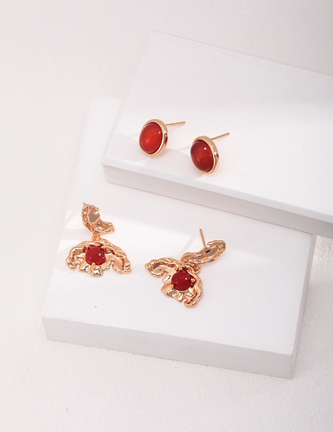 Gold Bird With Red Agate Earrings