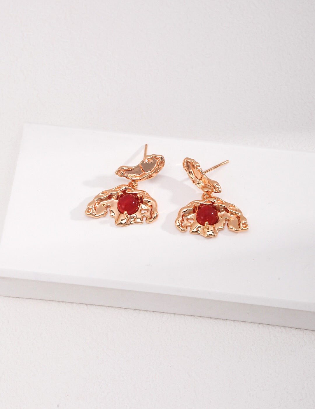 Gold Bird With Red Agate Earrings