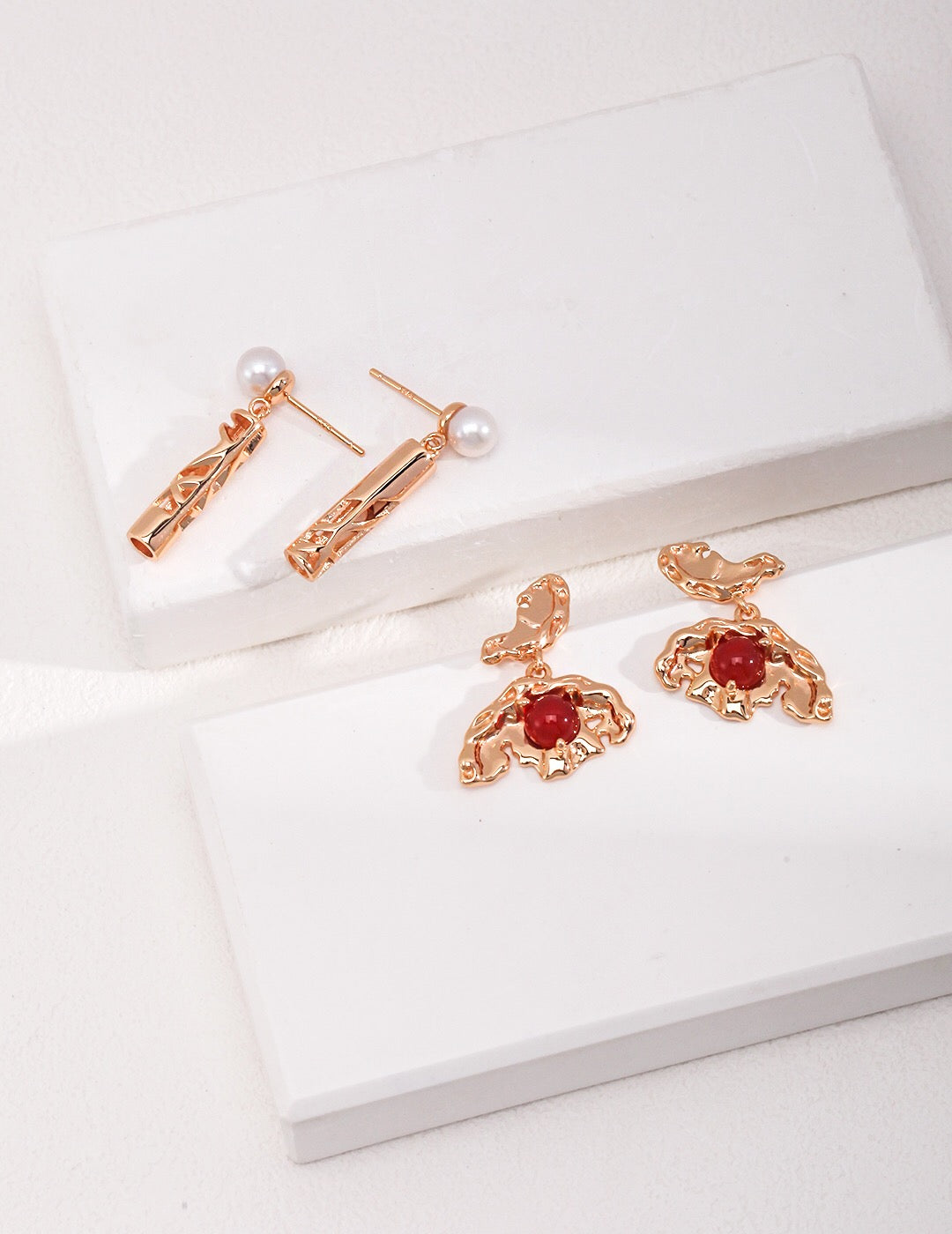 Gold Bird With Red Agate Earrings