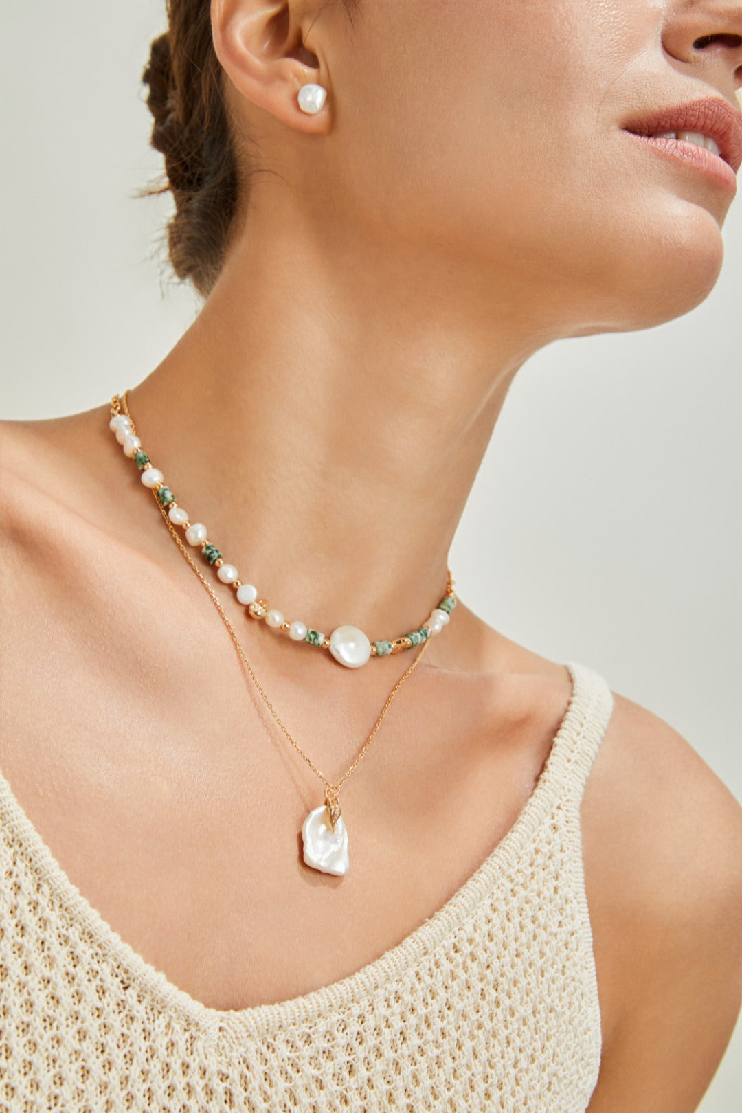 Tiger Eye / Green Dot Stone Pearl Necklace