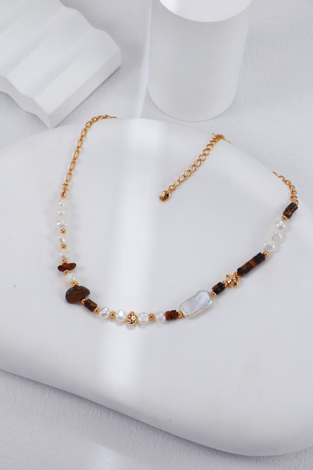 Tiger Eye / Green Dot Stone Pearl Necklace