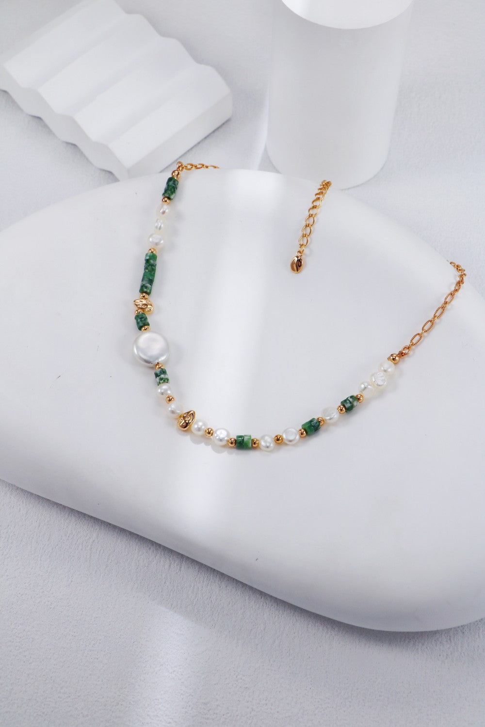Tiger Eye / Green Dot Stone Pearl Necklace