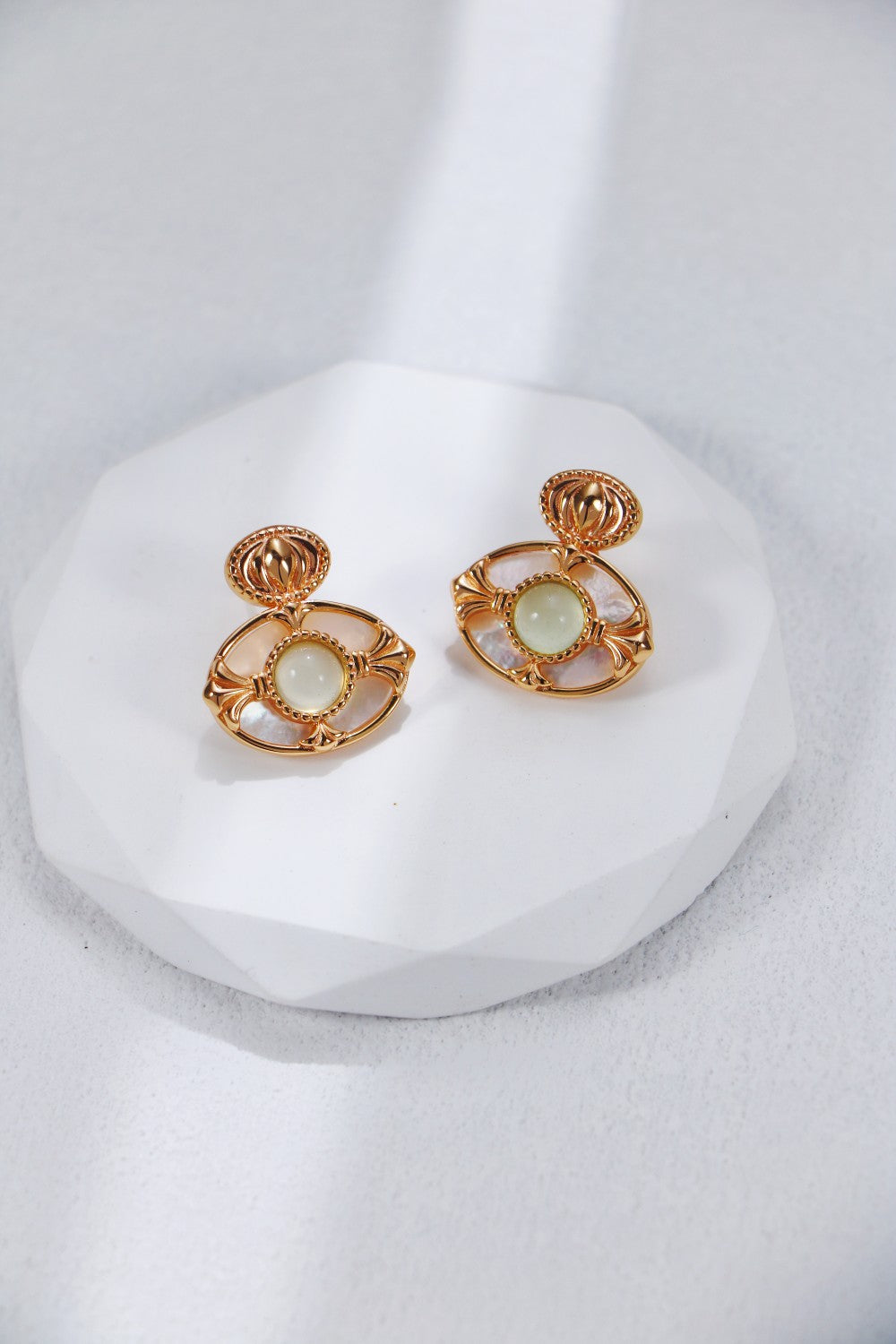 Prehnite Chalcedony WIth White Shell Earrings