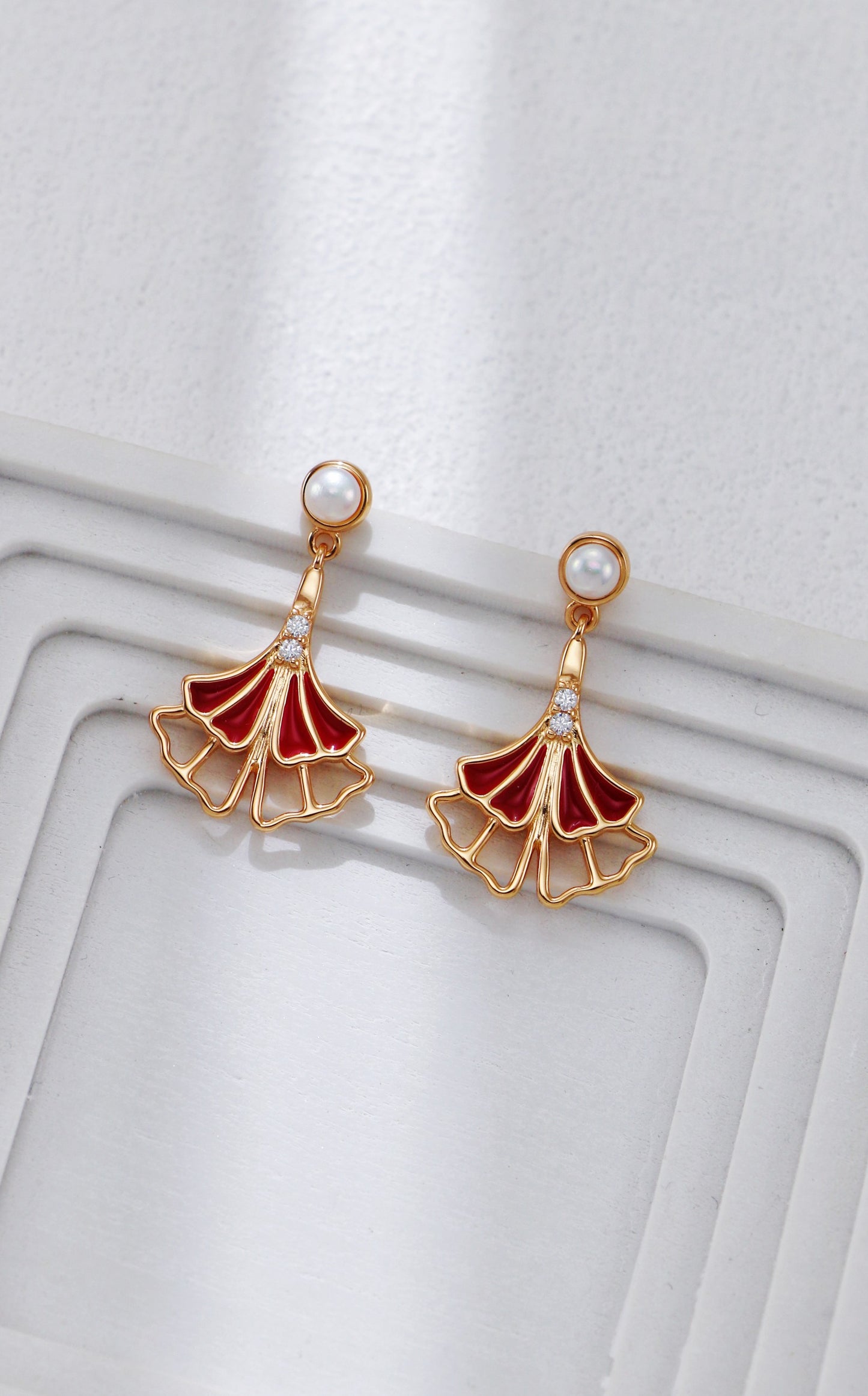 Ginkgo Leaf Red Glaze Drop Earrings
