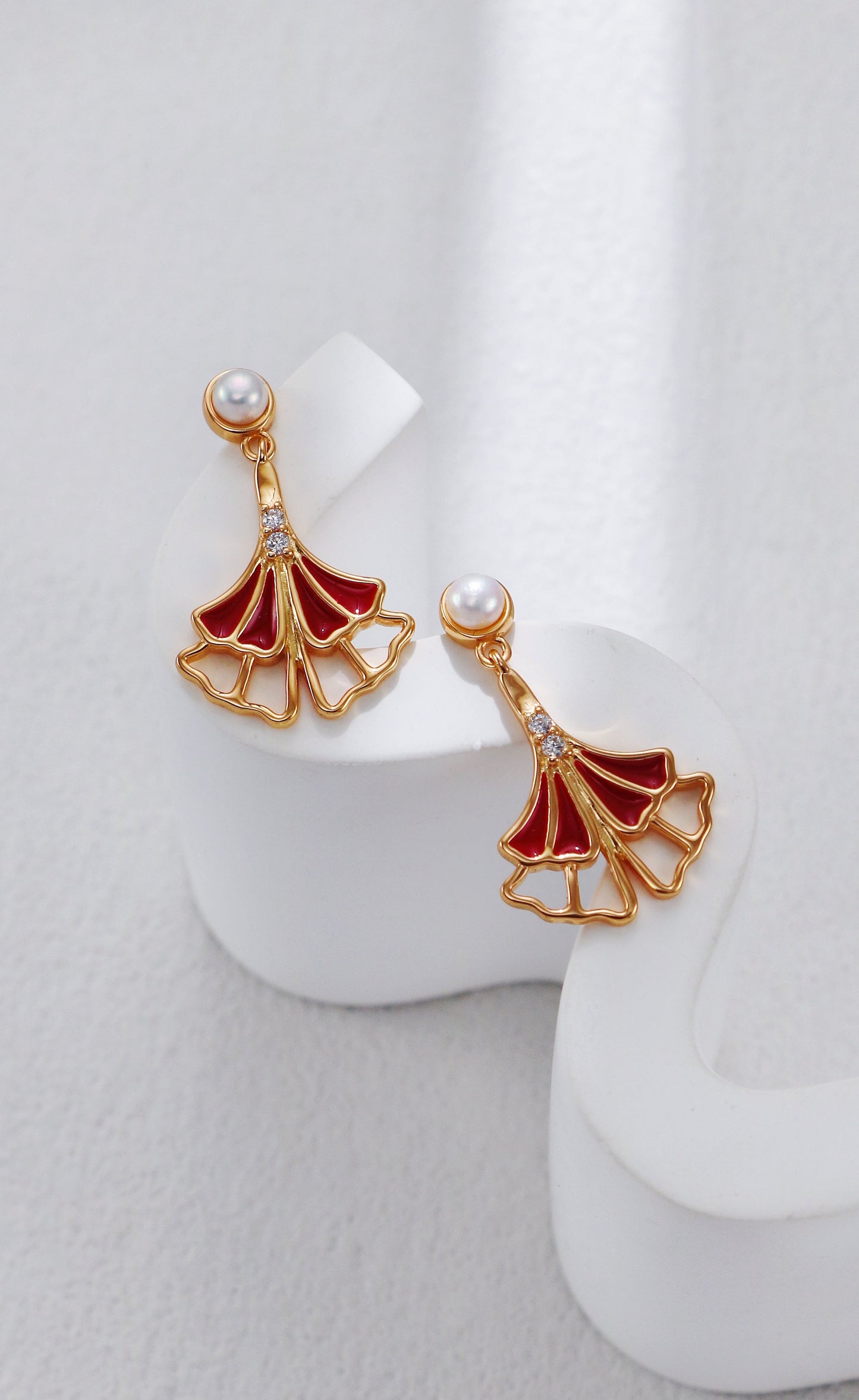 Ginkgo Leaf Red Glaze Drop Earrings