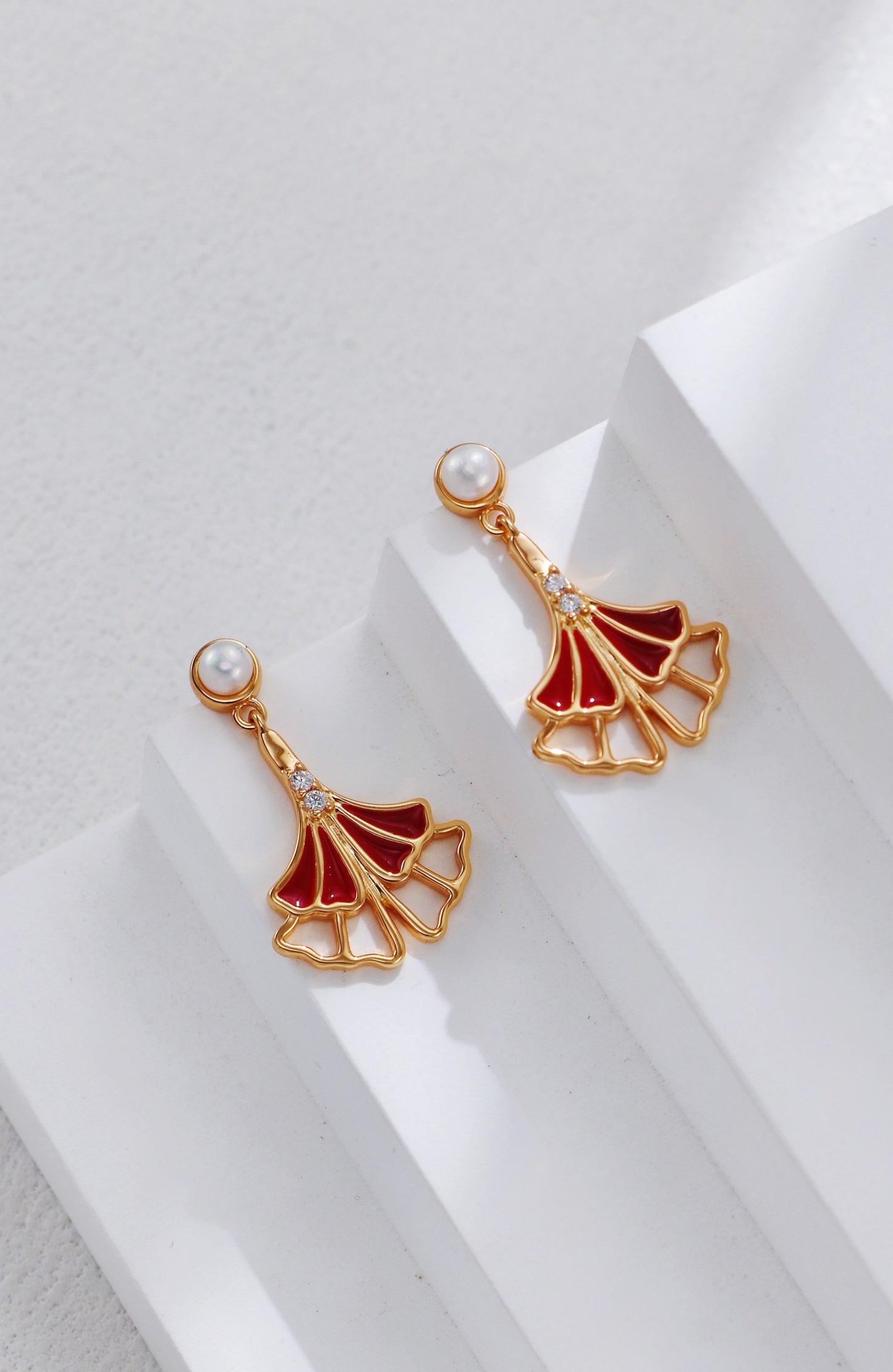 Ginkgo Leaf Red Glaze Drop Earrings