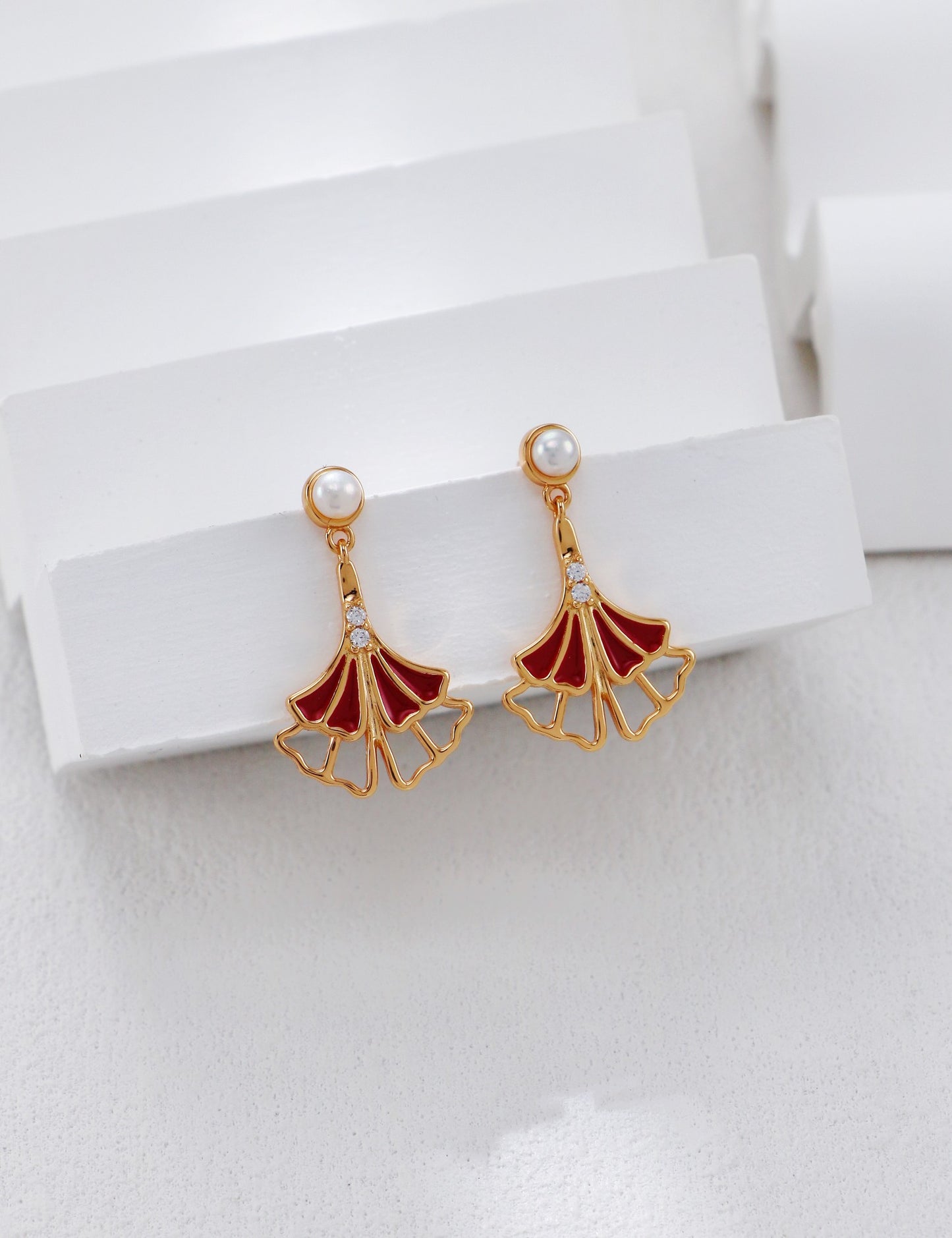 Ginkgo Leaf Red Glaze Drop Earrings