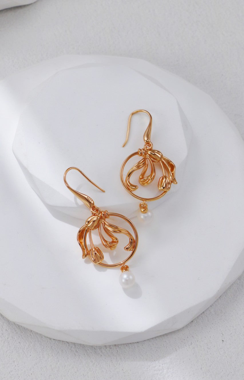 Golden Tulip Pearl Earrings