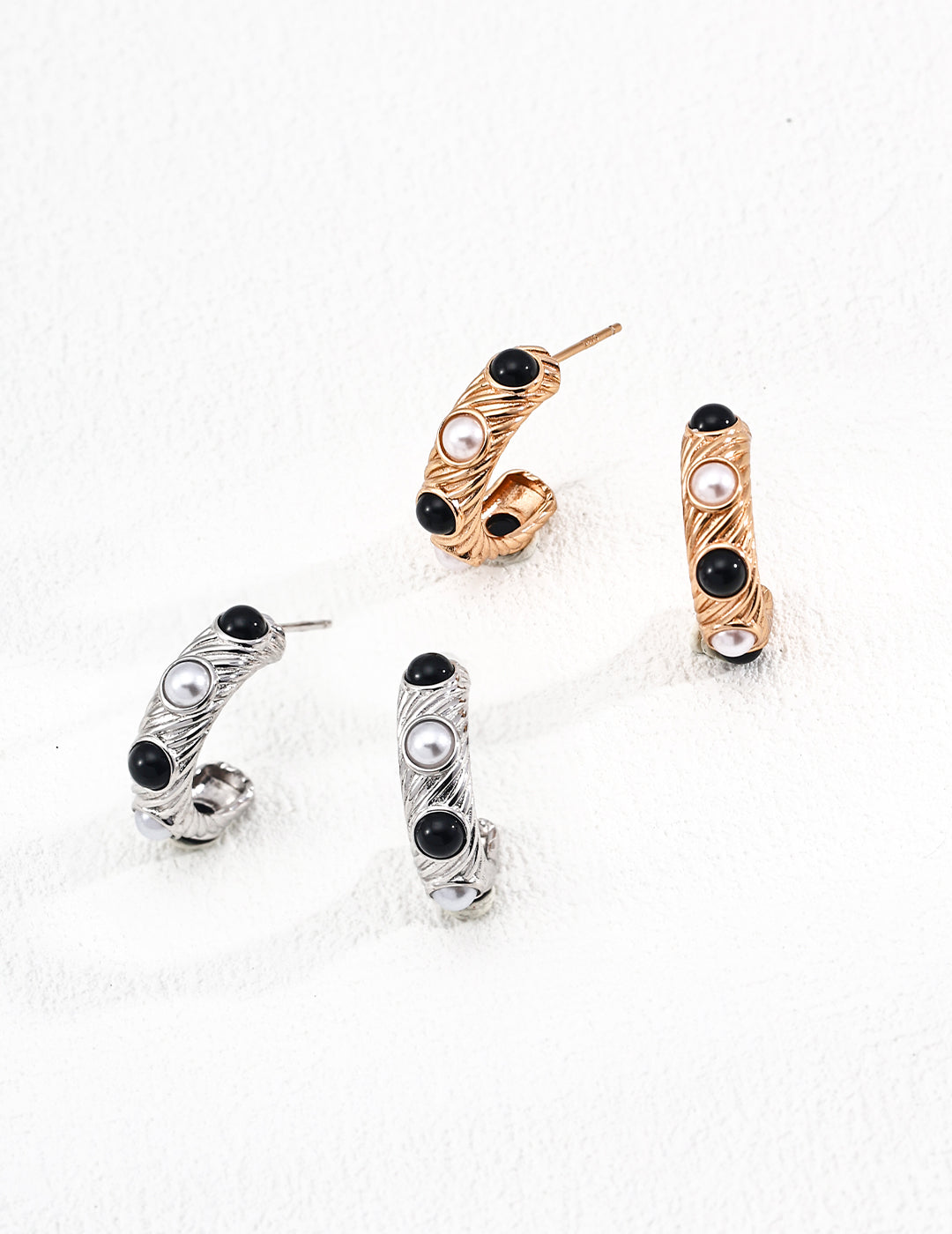 Natural Pearl Black Agate C-shaped Earrings