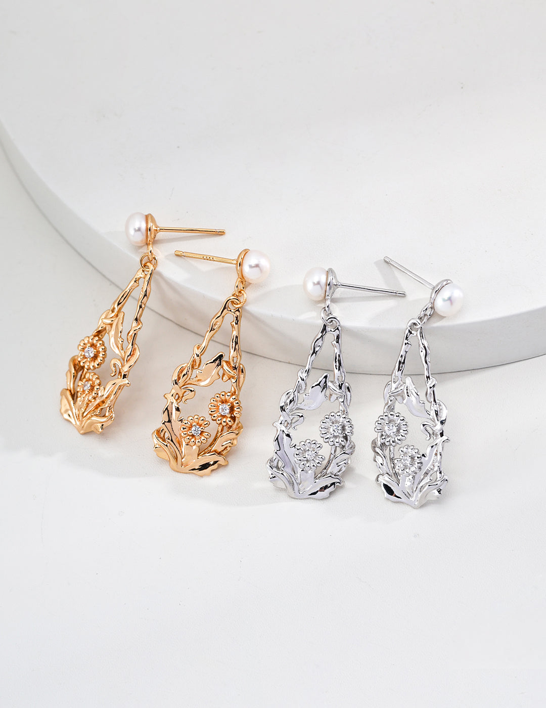 Flower-Shaped Natural Pearl and Zircon Earrings