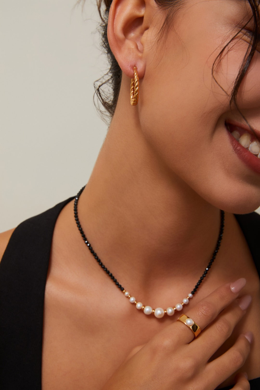 Gold Bead Black Spinel Pearl Necklace