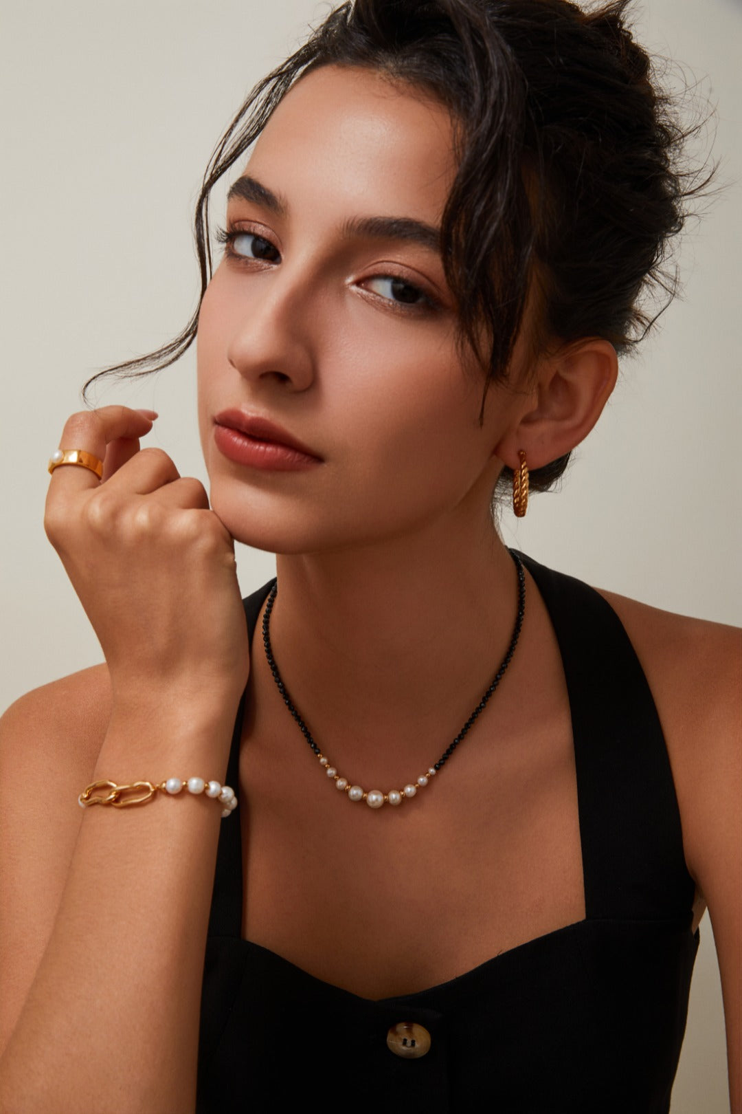 Gold Bead Black Spinel Pearl Necklace