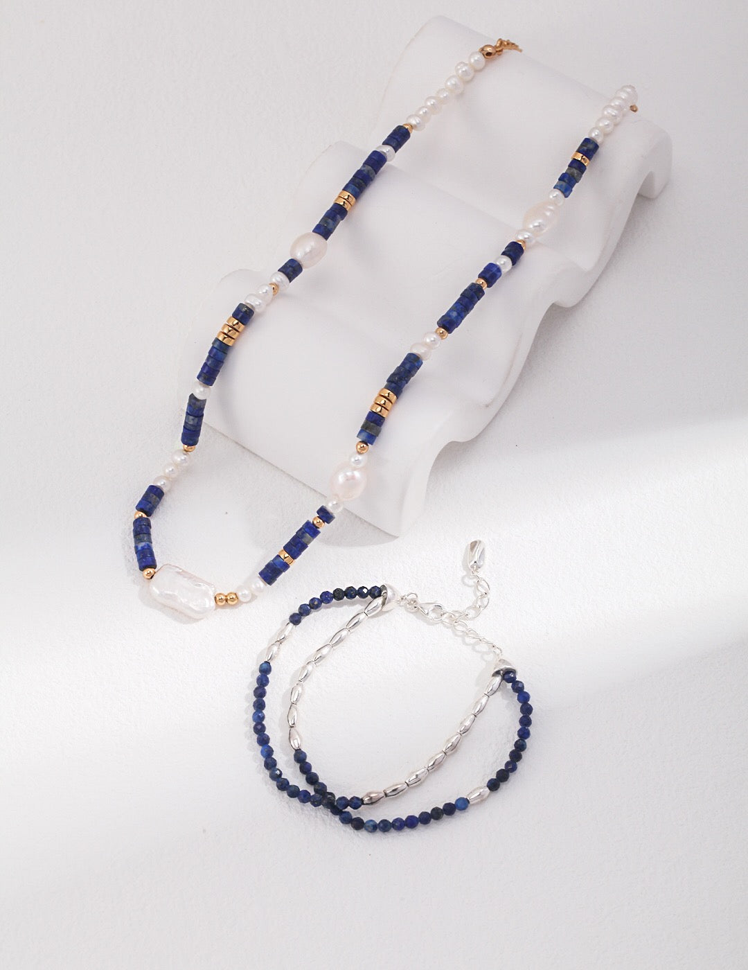 Navy Blue Lapis Lazuli Beads with Baroque Pearls Necklace