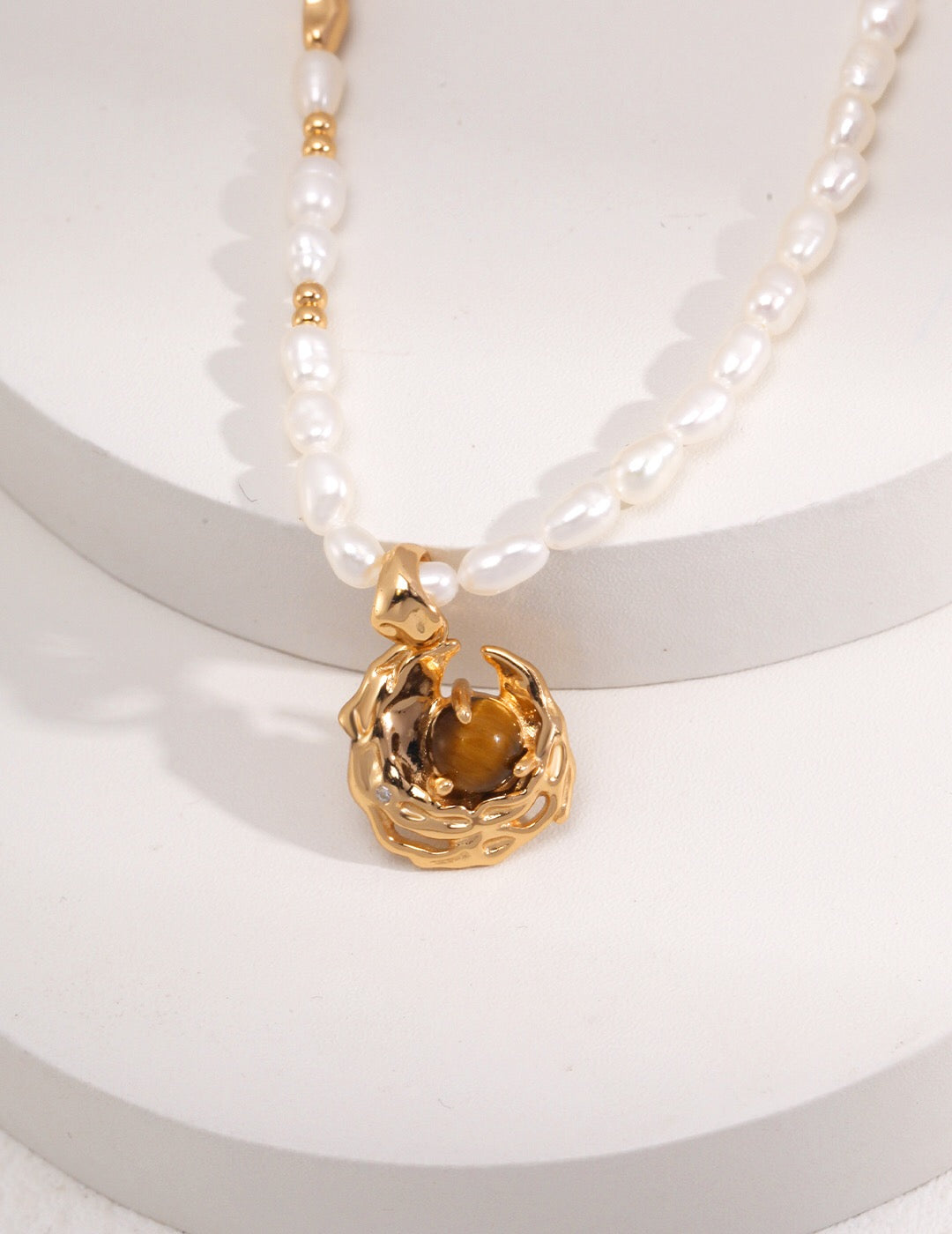 Tiger Eye Gemstone Pearl Necklace