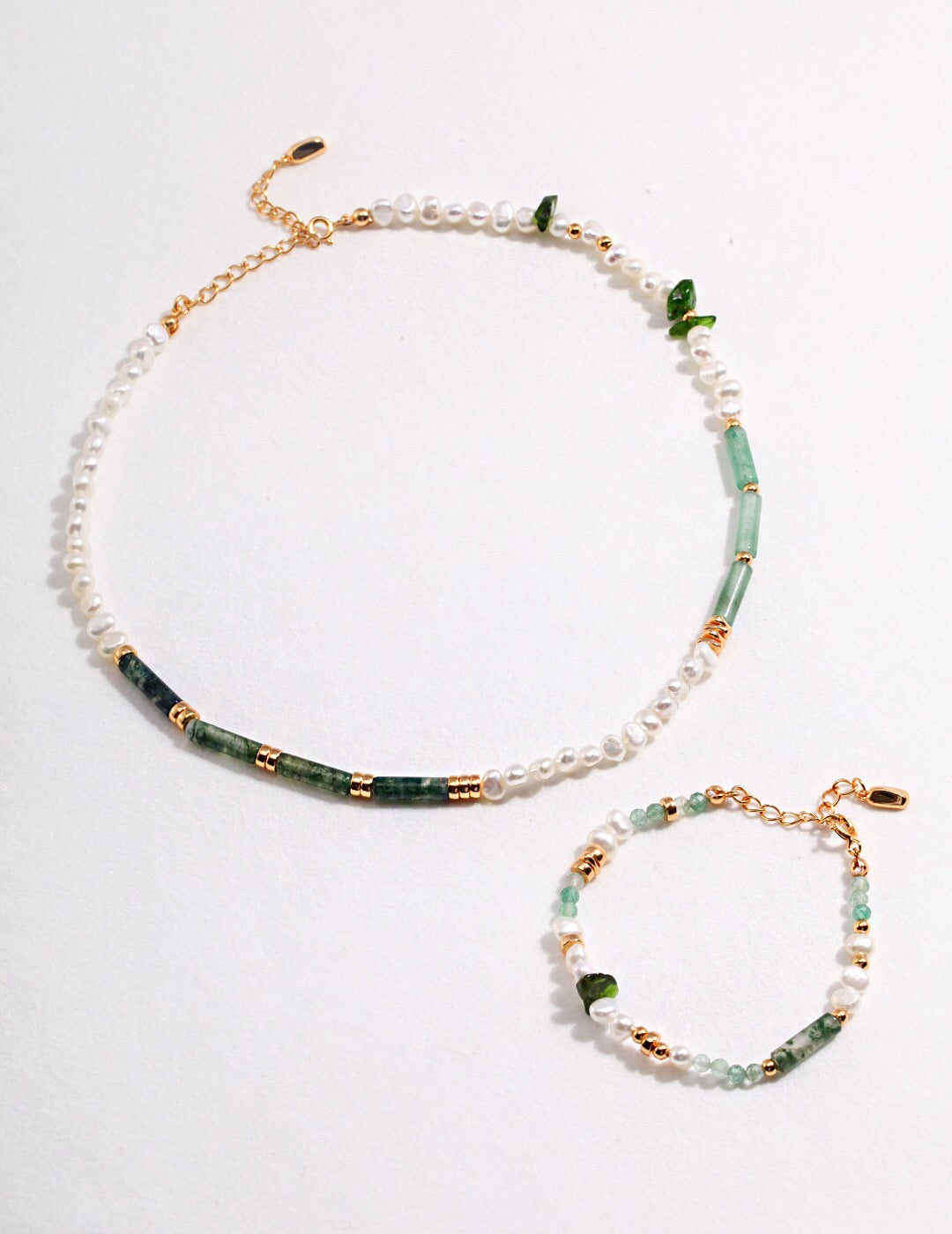 Moss Agate & Green Strawberry Quartz Pearl Bracelet