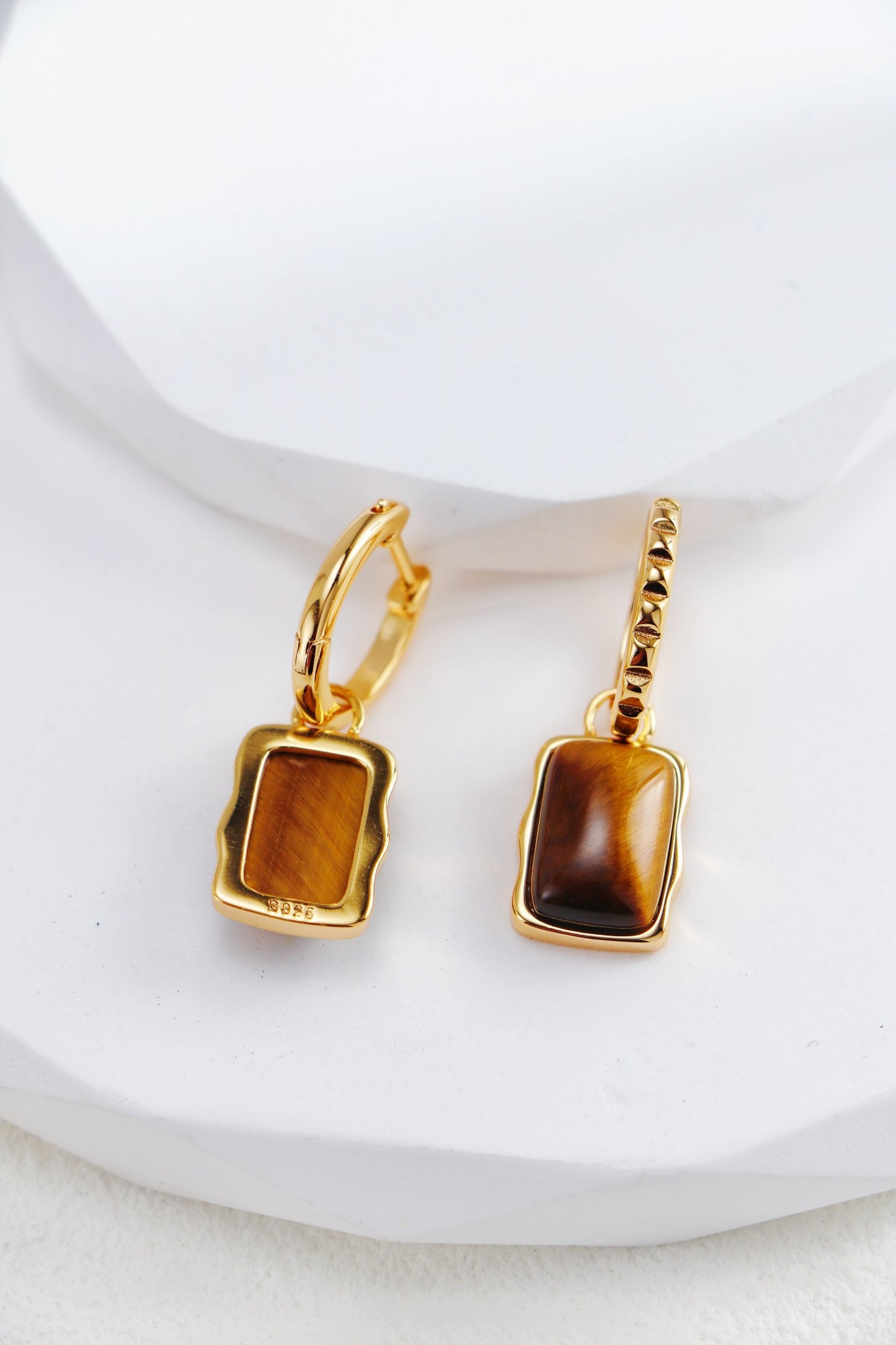 Rectangle Shape Tiger Eye Long Earrings