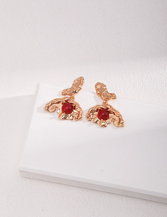 Gold Bird With Red Agate Earrings