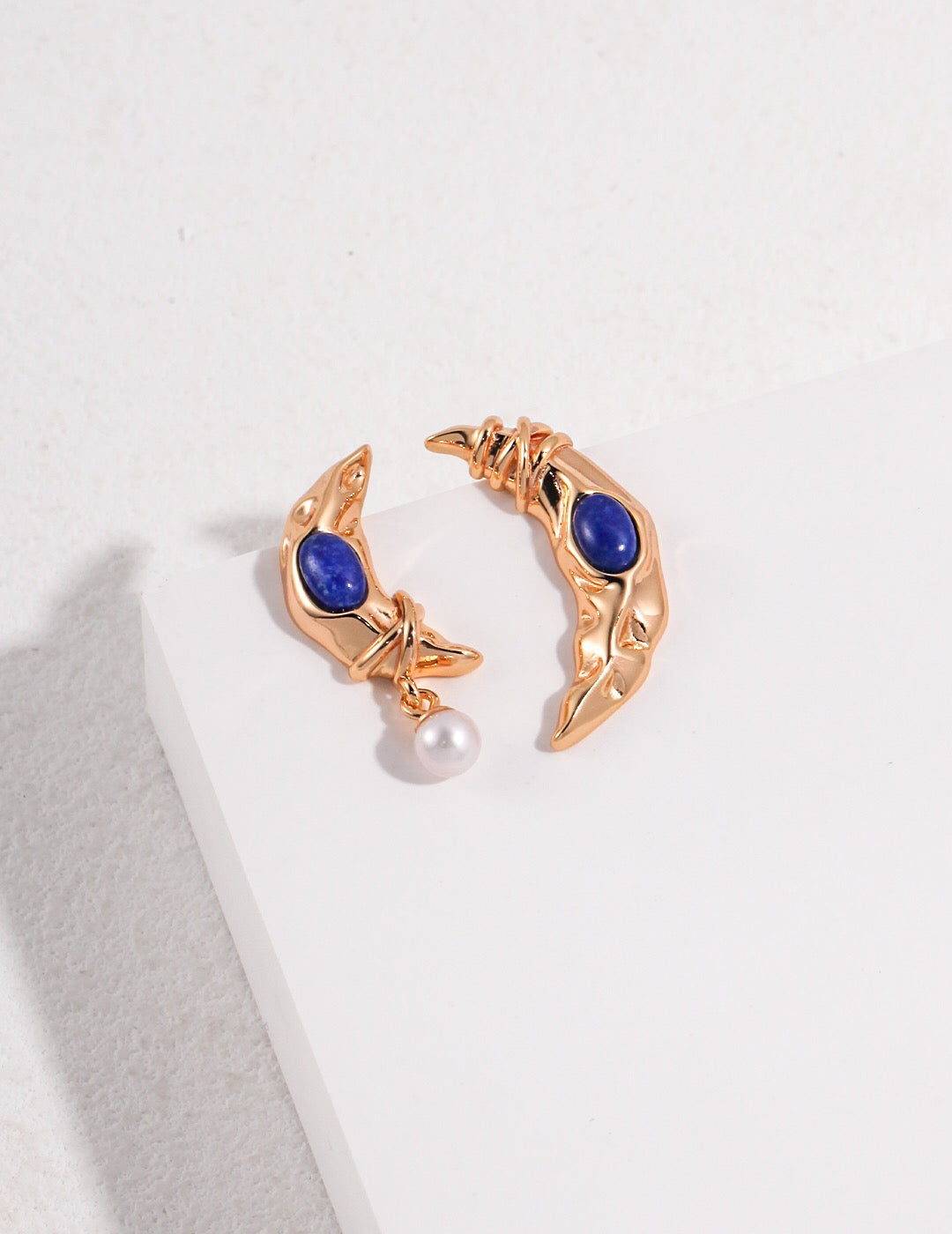 lapis lazuli Crescent Hollow Moon Pearl Earrings