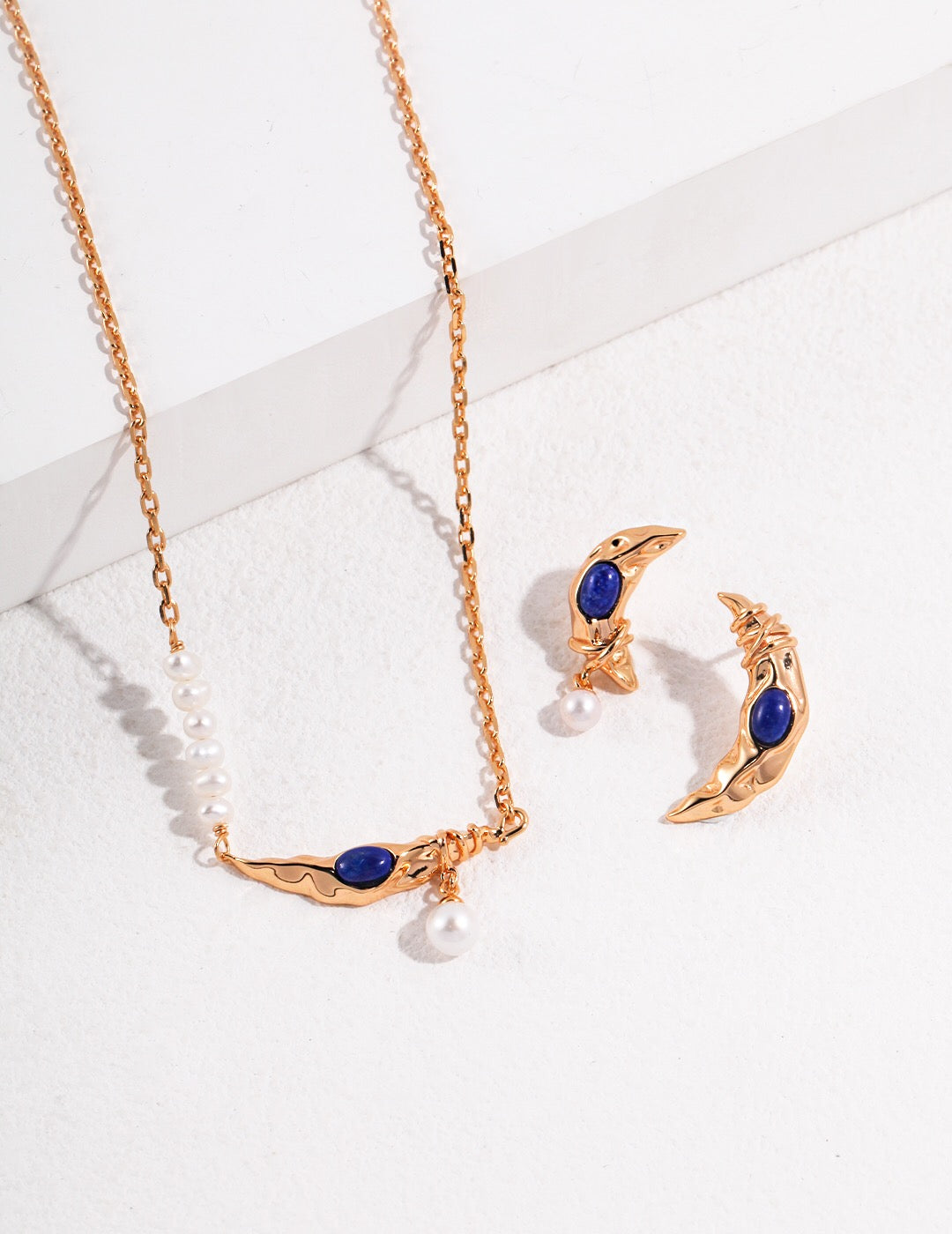 lapis lazuli Crescent Hollow Moon Pearl Earrings