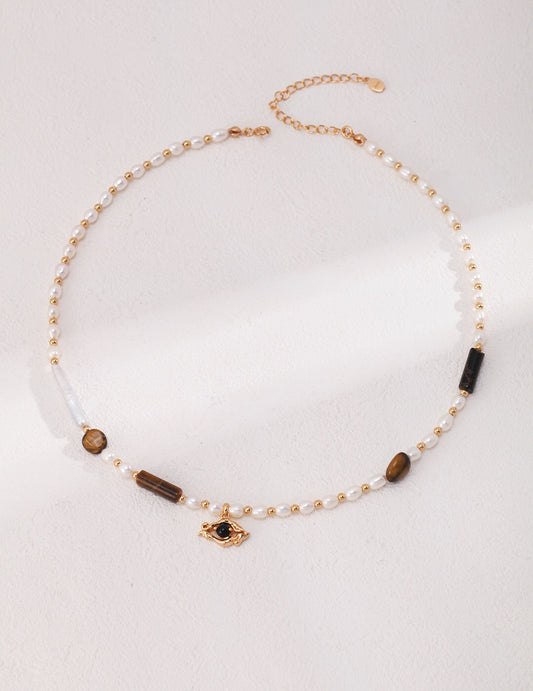 Vintage Gold Pearl Tiger Eye Beaded Necklace