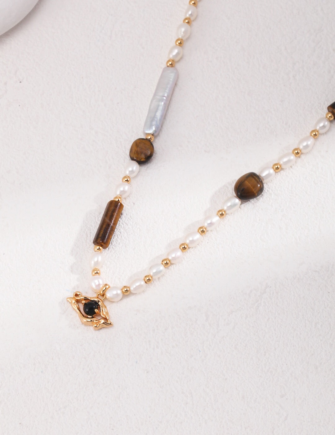 Vintage Gold Pearl Tiger Eye Beaded Necklace