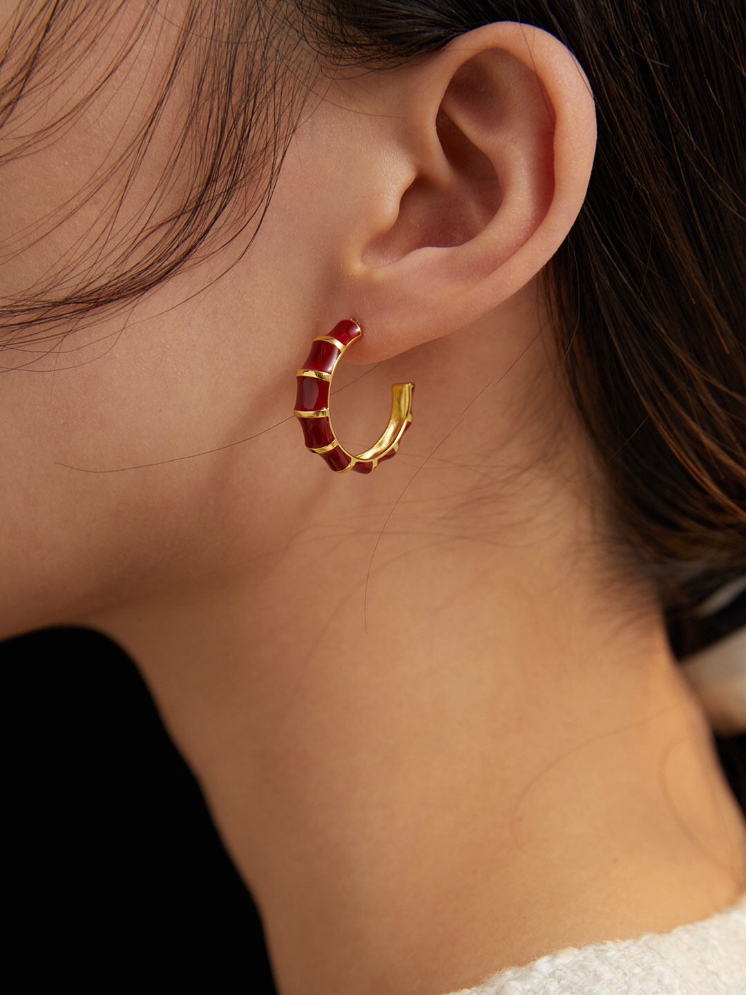 Red Enamel Glaze Bamboo Earrings