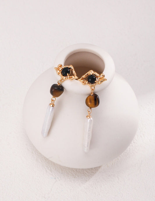 Tiger Eye Stone Long Baroque Pearl Earrings