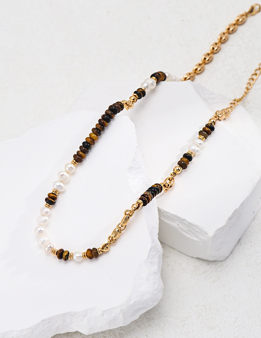 Tiger Eye With Pearl Beaded Necklace