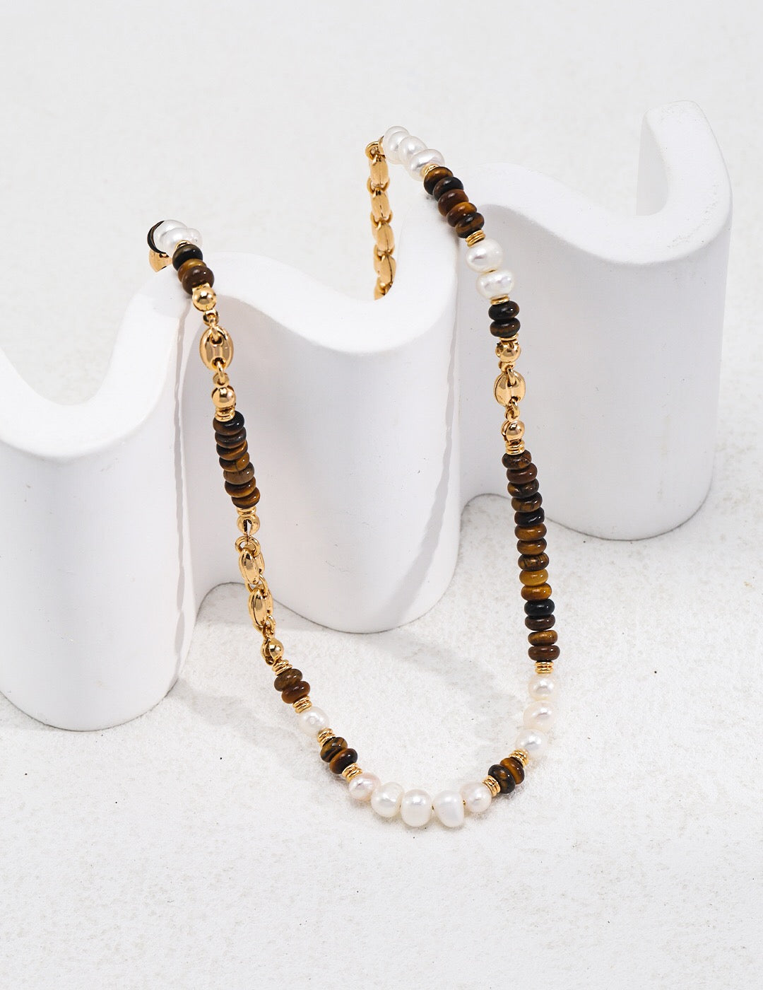 Tiger Eye With Pearl Beaded Necklace