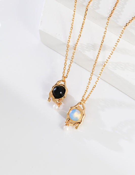 Fluid Moonlight Stone / Obsidian Pearl Pendant Necklace