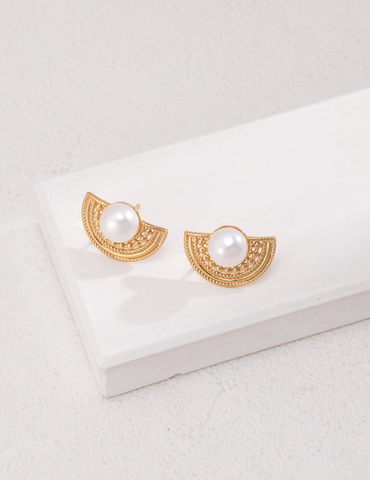 Half Circle Pearl Stud Earrings