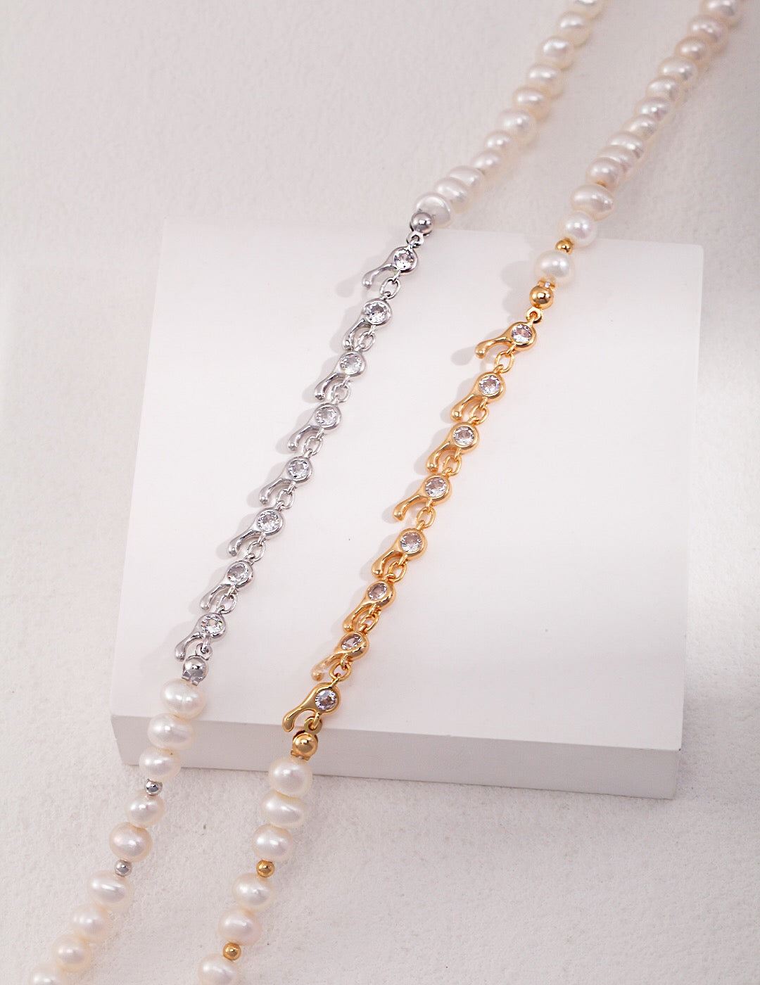 Zircon Chain Splice Natural Pearl Necklace