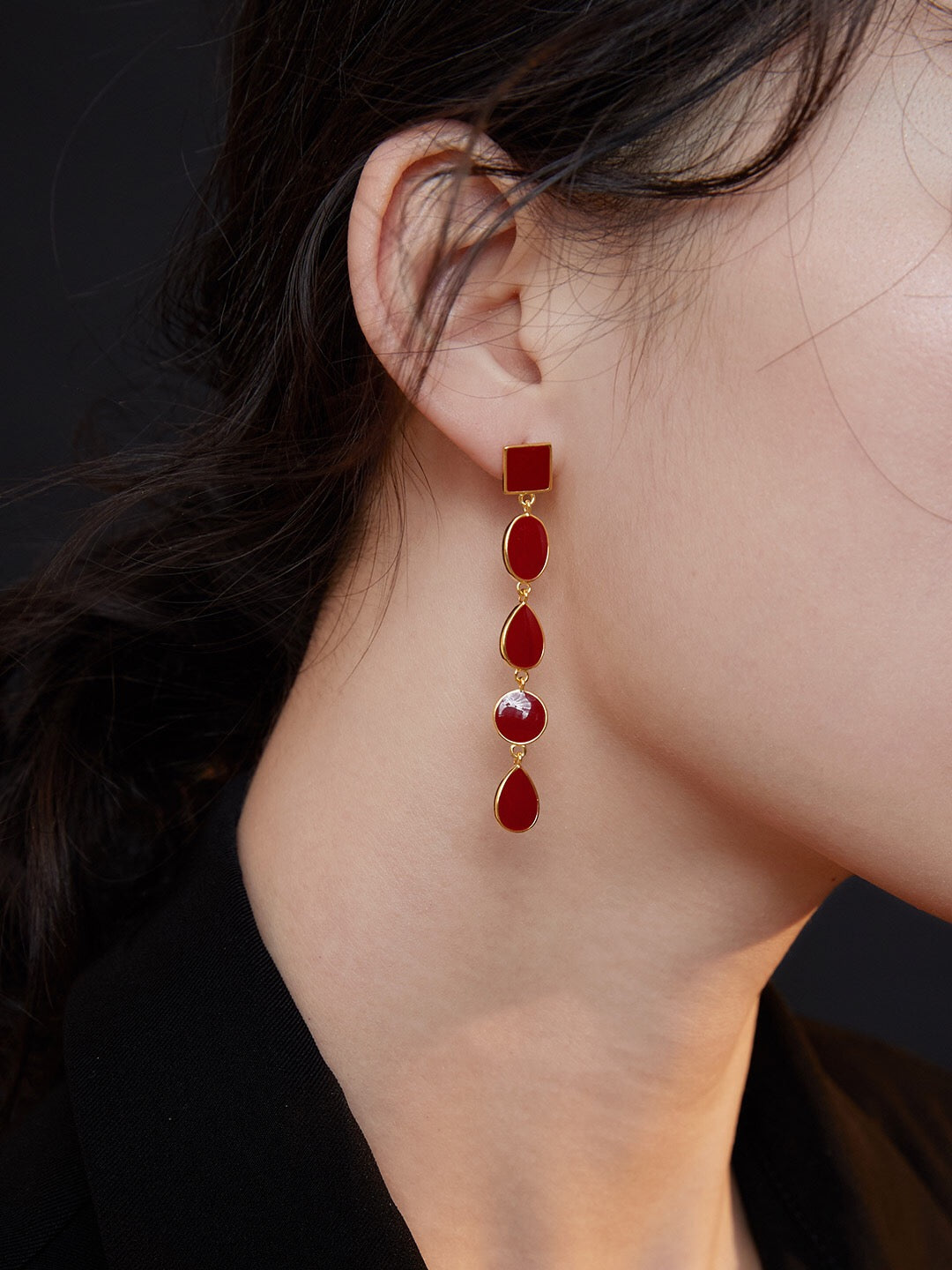 Long Red Drip Glaze Dangle Earrings