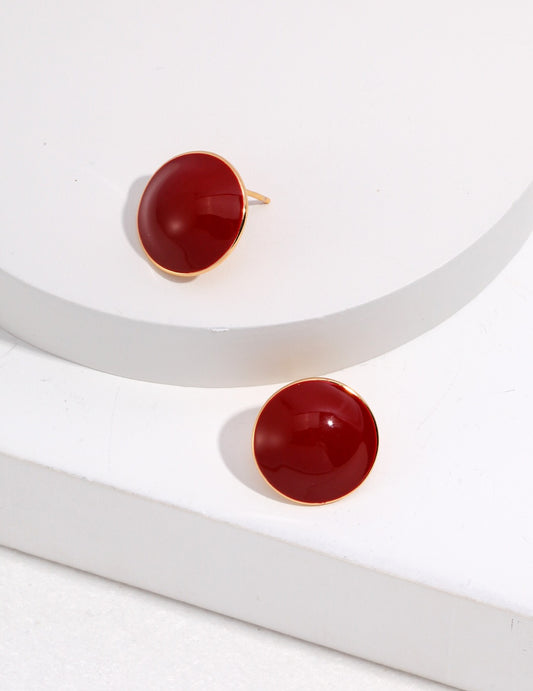 Red Round Diop Glaze Stud Earrings