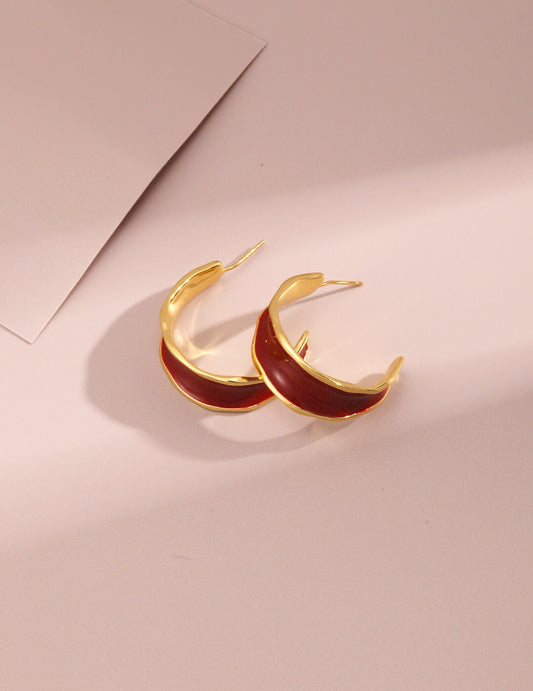 Red Drip Glaze C Shape Earrings