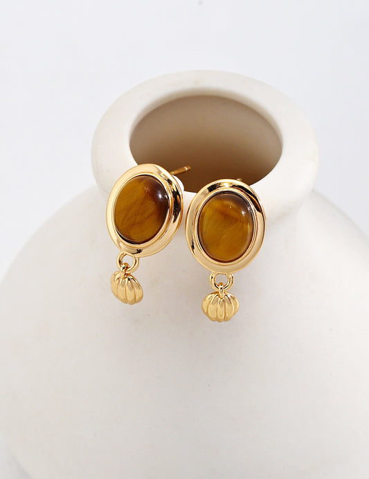 Minimalist Oval Tiger Eye Stone Pendant Earrings