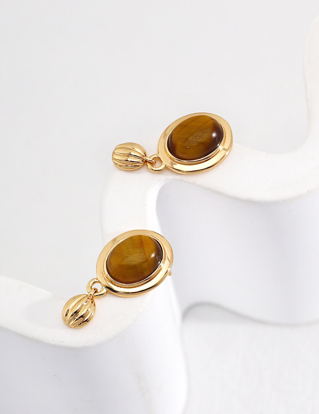 Minimalist Oval Tiger Eye Stone Pendant Earrings