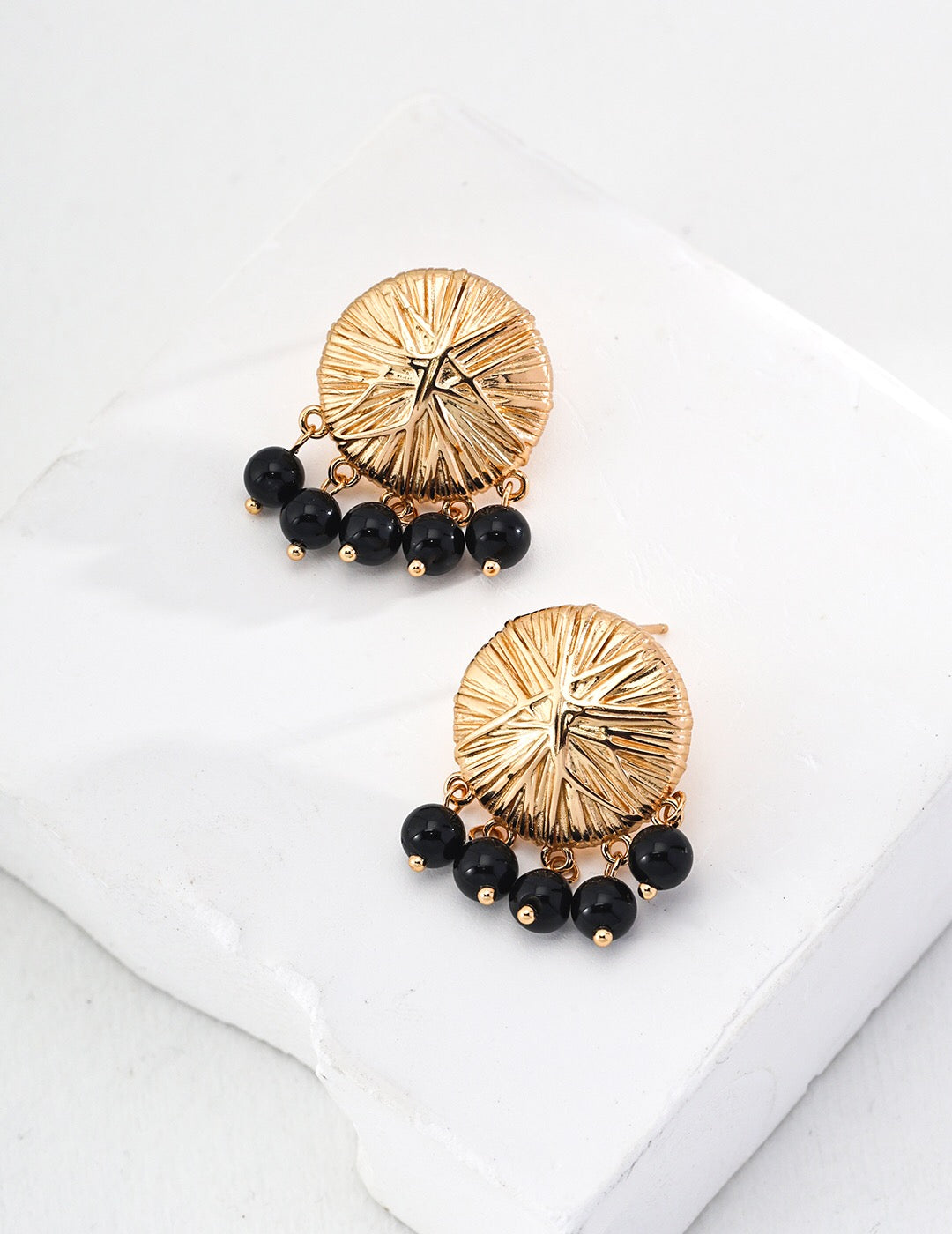 Round Black Onyx Drop Earrings