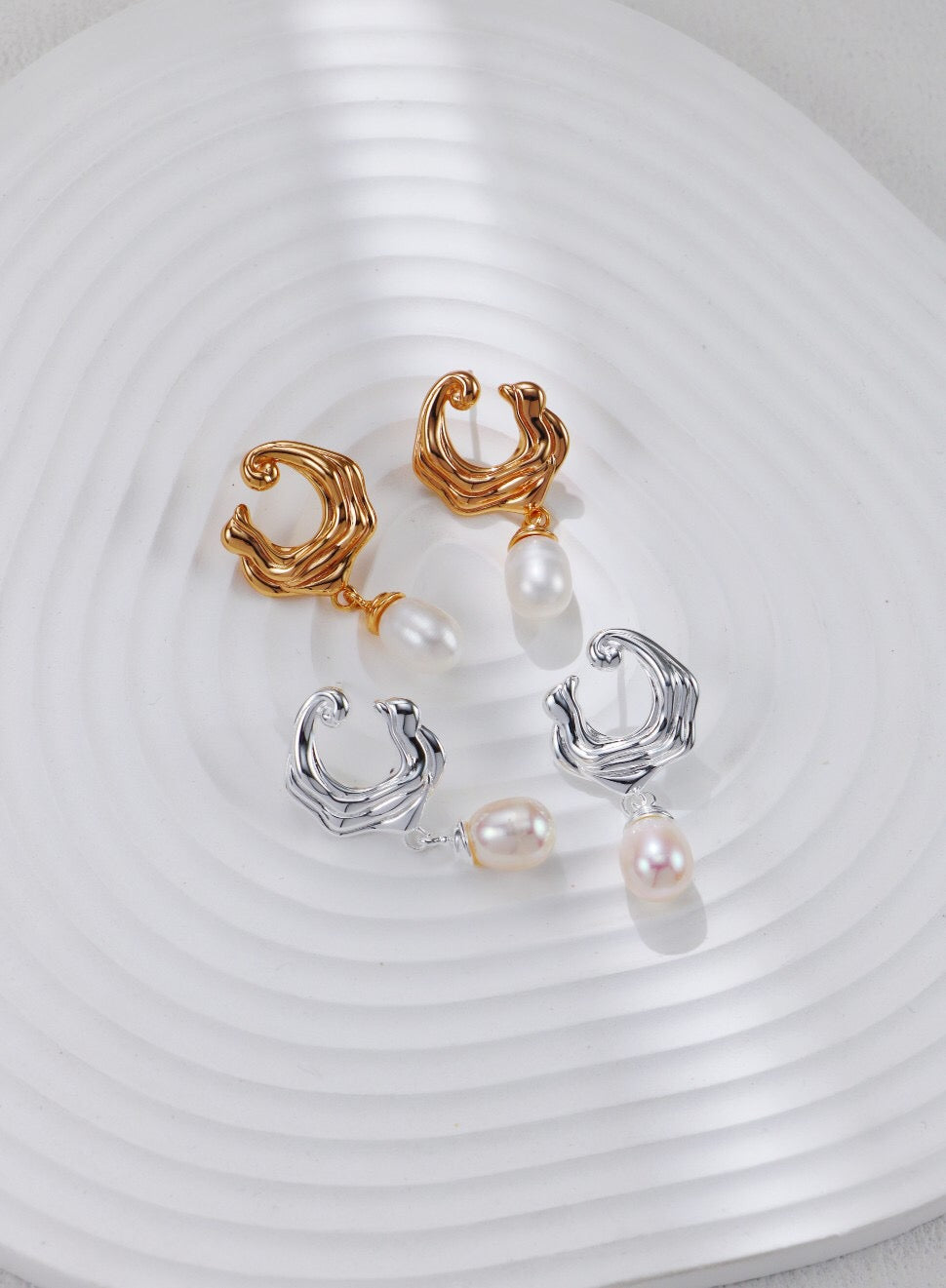 Silver Wave Pearl Earrings