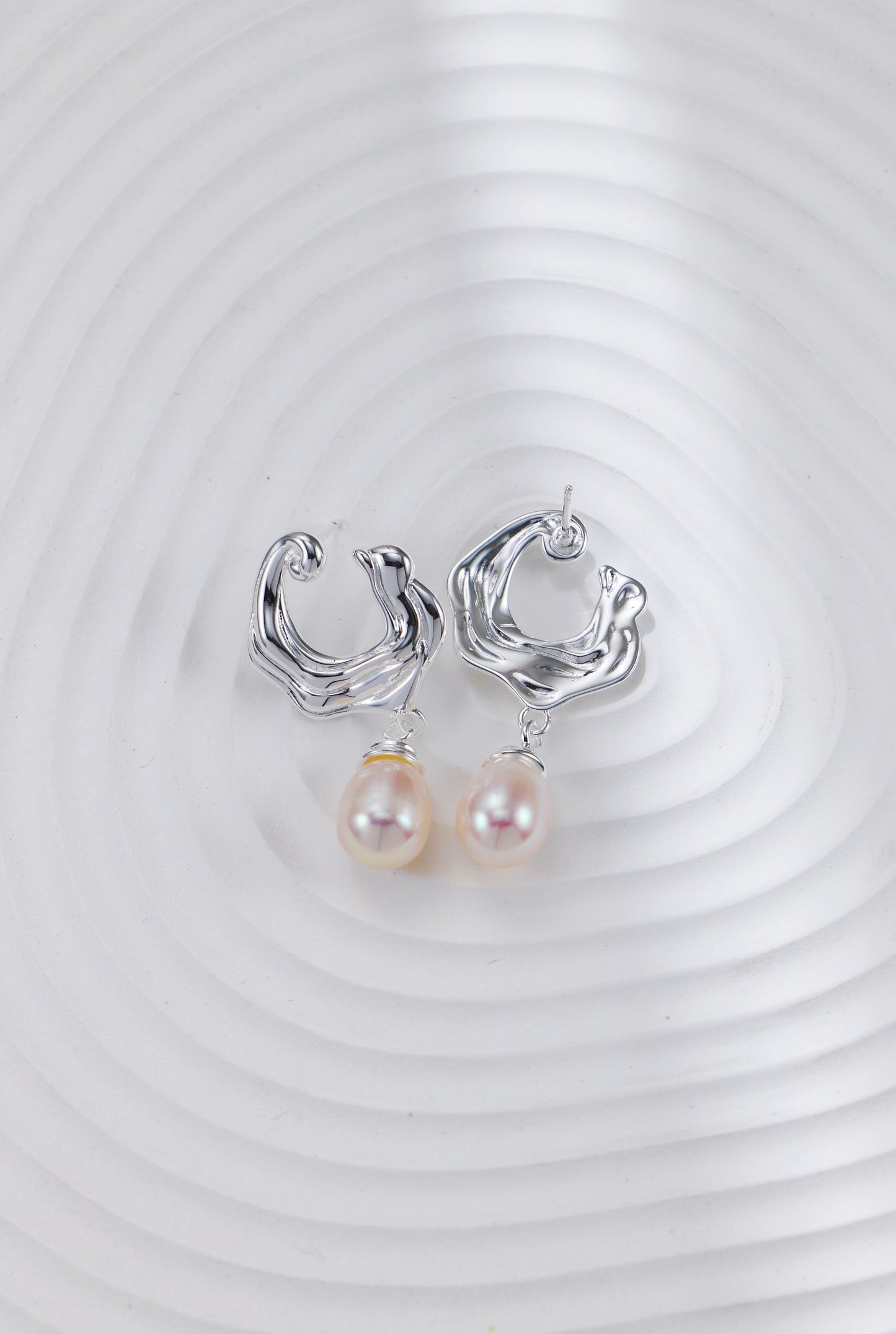 Silver Wave Pearl Earrings