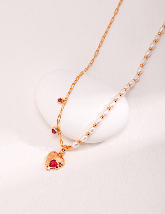 Red Corundum Heart With Pearl Necklace