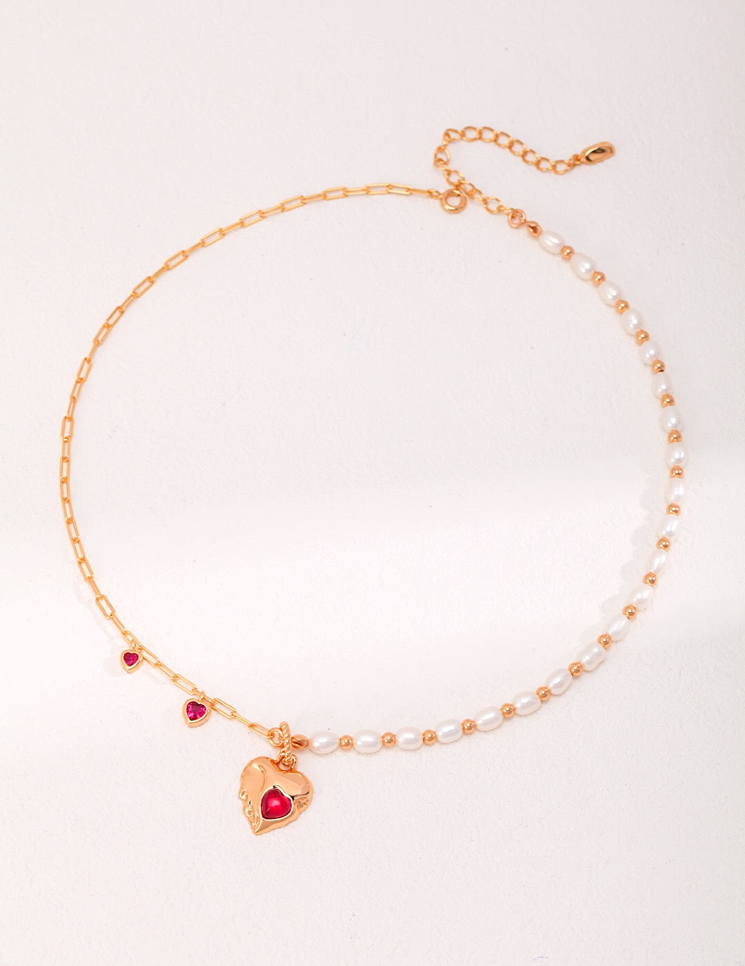 Red Corundum Heart With Pearl Necklace