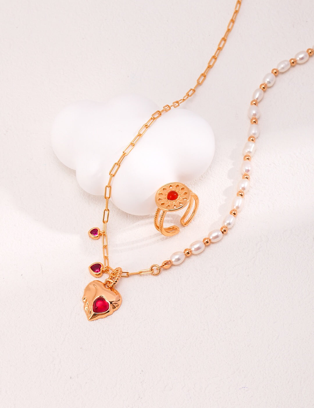 Red Corundum Heart With Pearl Necklace