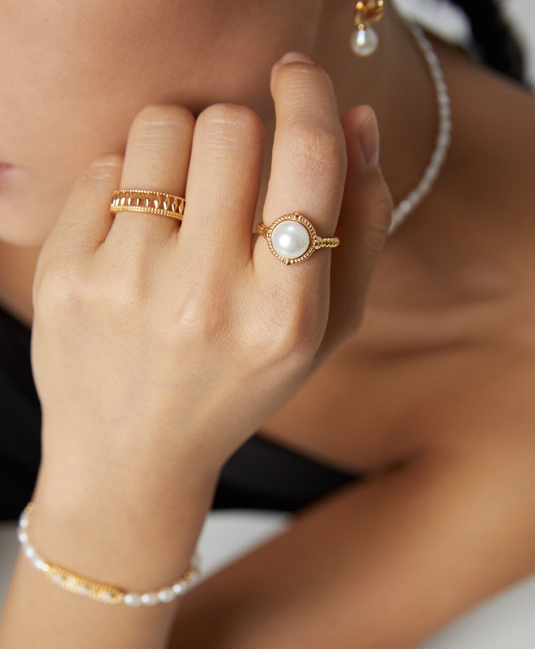 Twisted Pearl Adjustable Open Ring