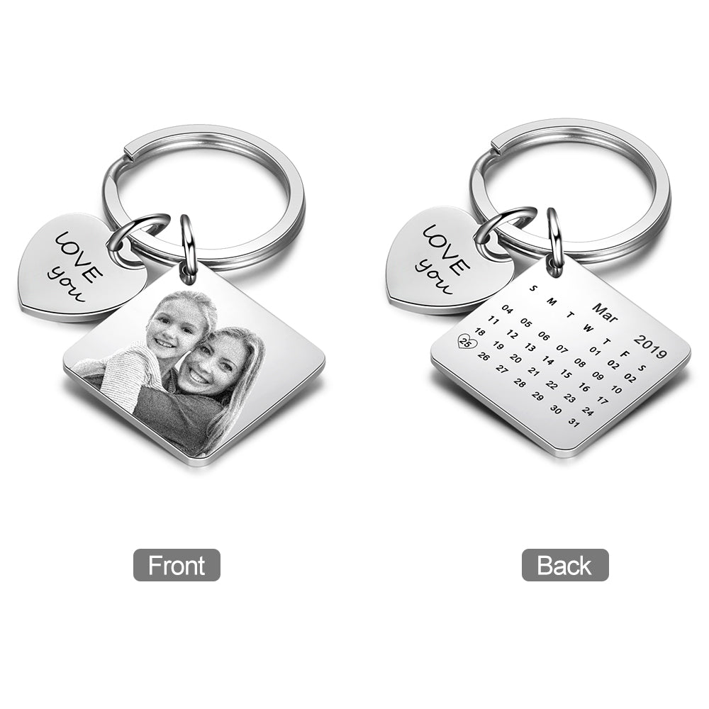 Engraved Stainless Steal Calendar Photo Keychain