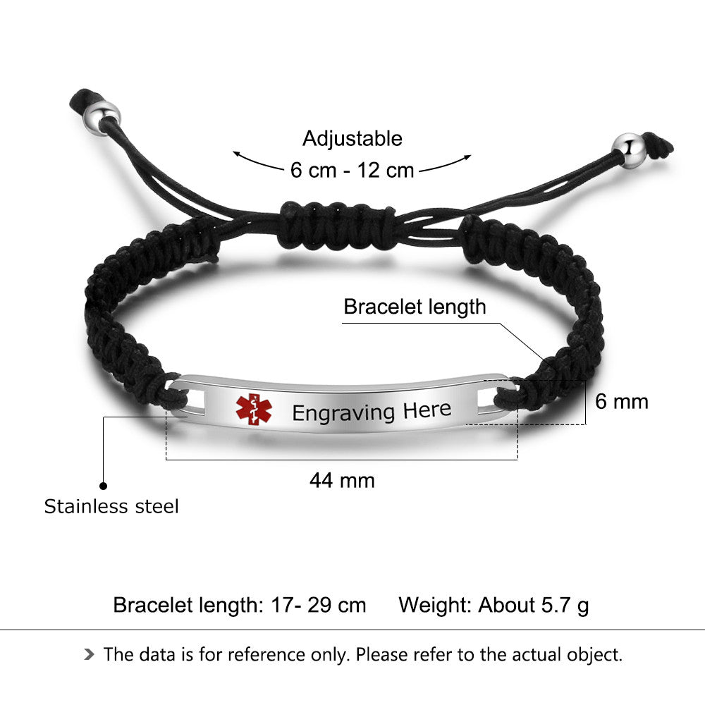 Engraved Stainless Steel Black Rope Medical Bracelet