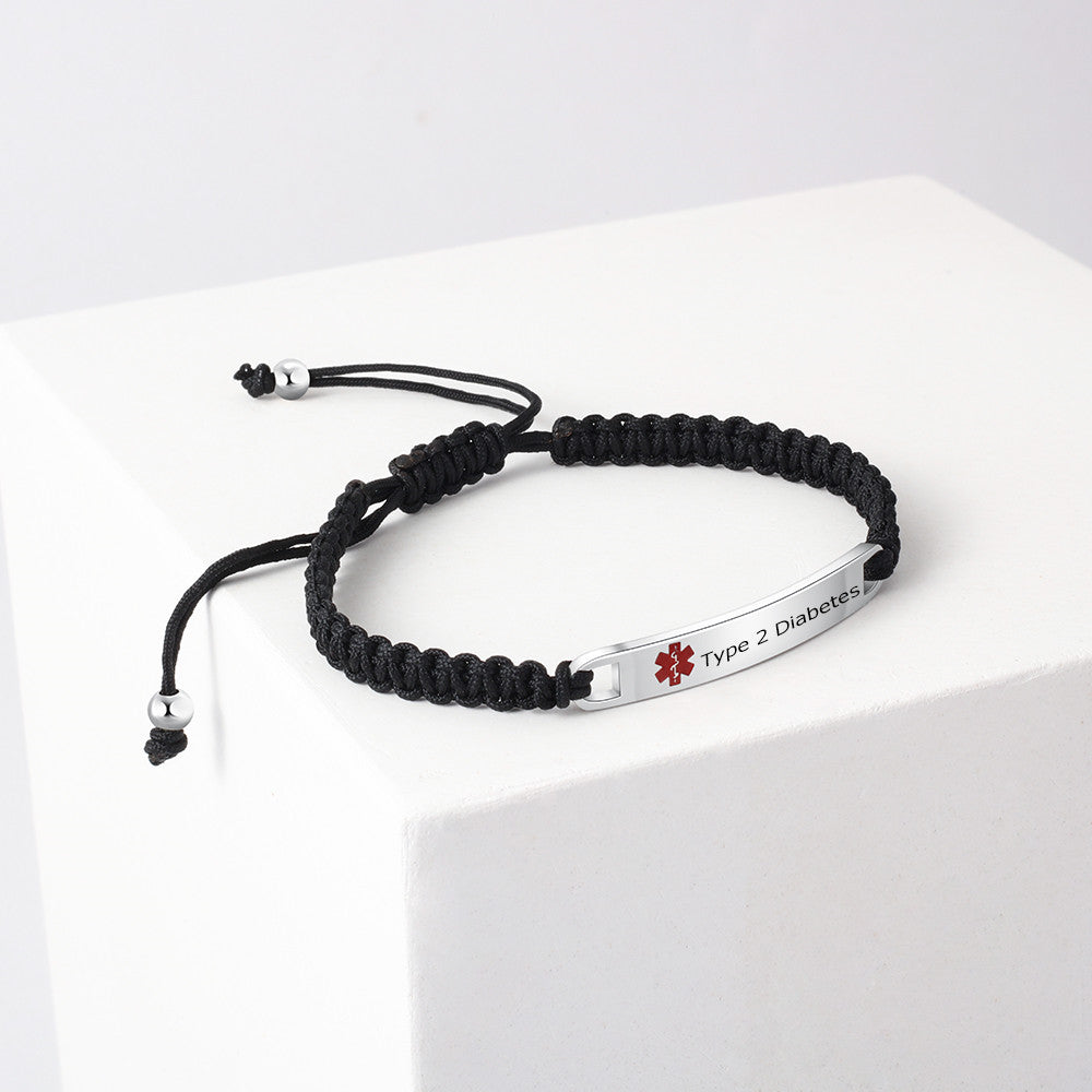 Engraved Stainless Steel Black Rope Medical Bracelet