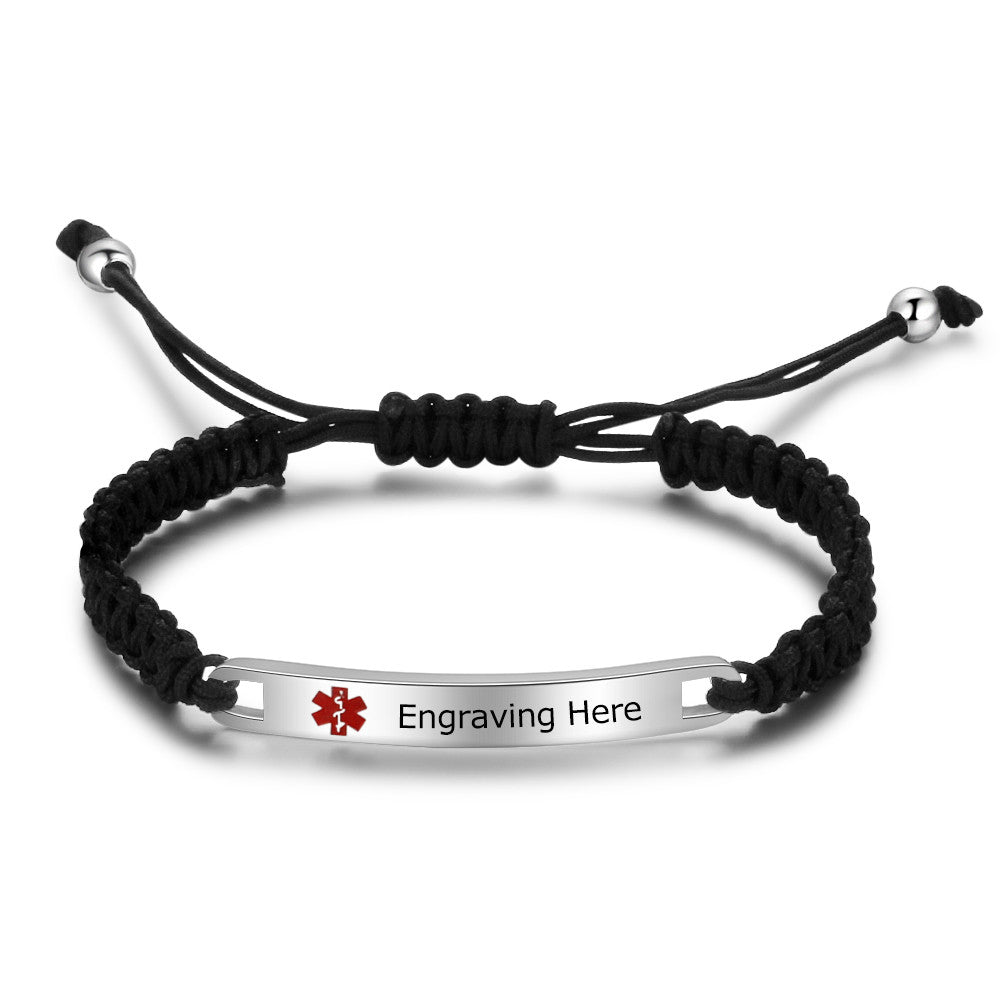 Engraved Stainless Steel Black Rope Medical Bracelet