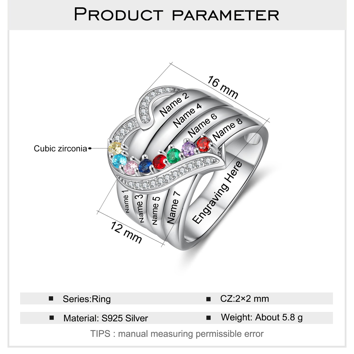 Custom Name 925 Sterling Silver Heart Ring