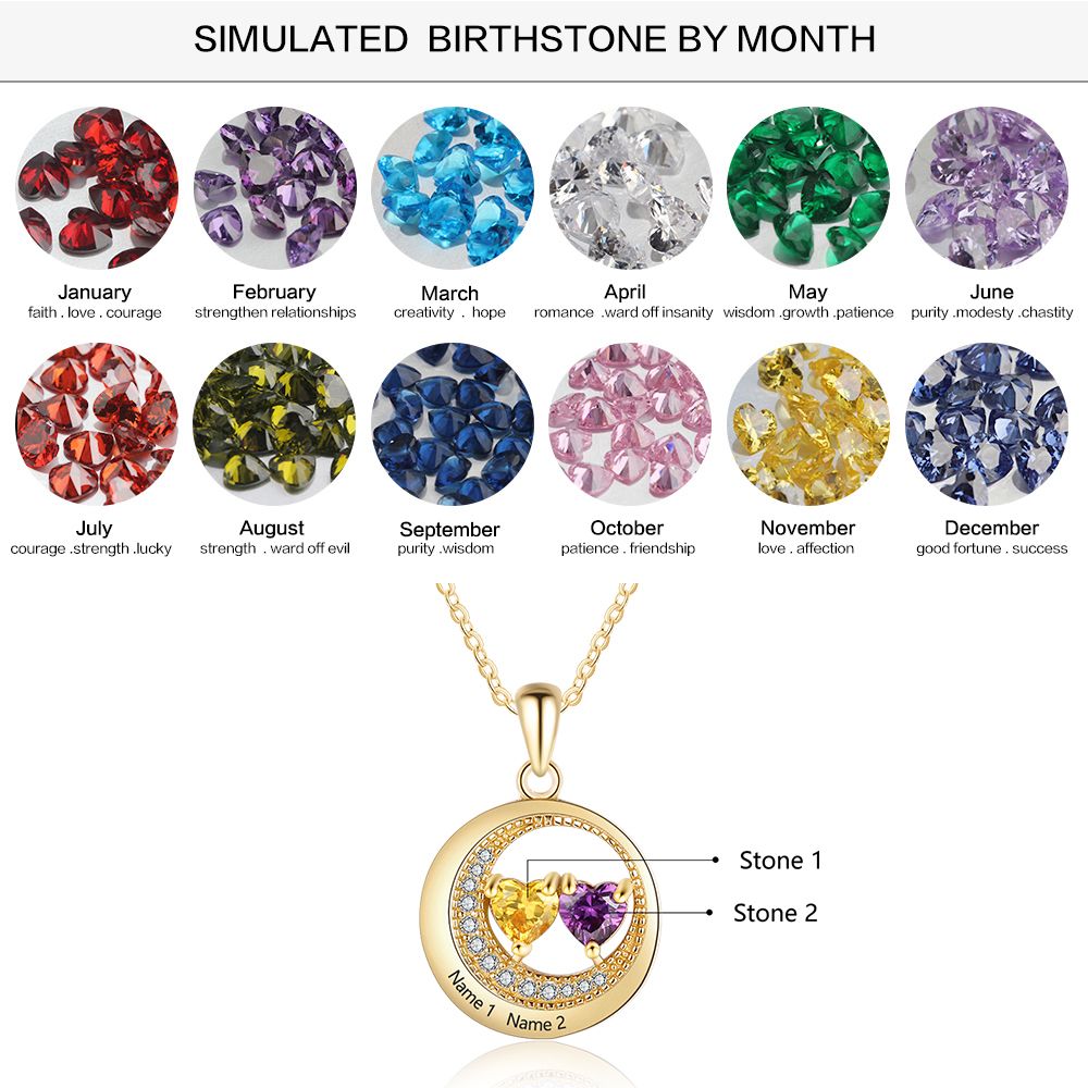 Custom Name Cubic Zirconia Moon Shape Pendant Necklace with Two Birthstones